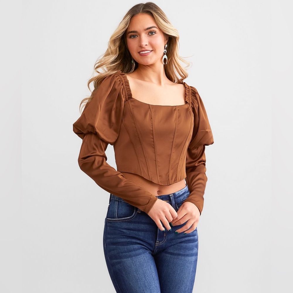 NWT Papermoon Satin Puff Sleeve Cropped Top Copper Brown Size Small - Picture 3 of 5
